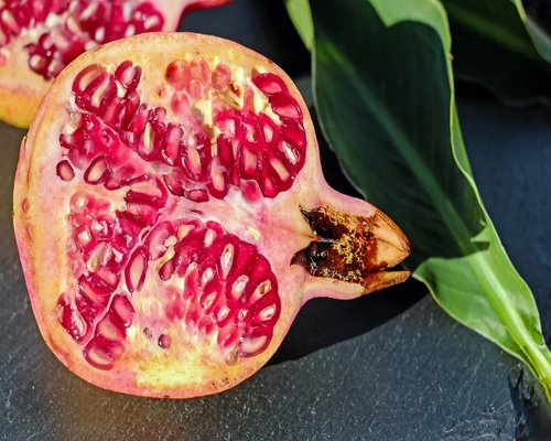 Fresh pink guava fruit sliced in half displaying its seed rich crisp internal structure